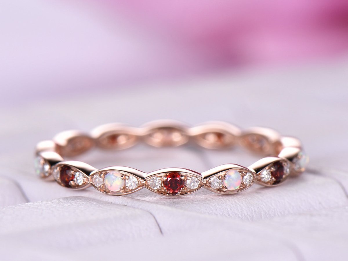 Art Deco Opal Garnet Diamond Eternity January Birthstone Band - Lord of Gem Rings