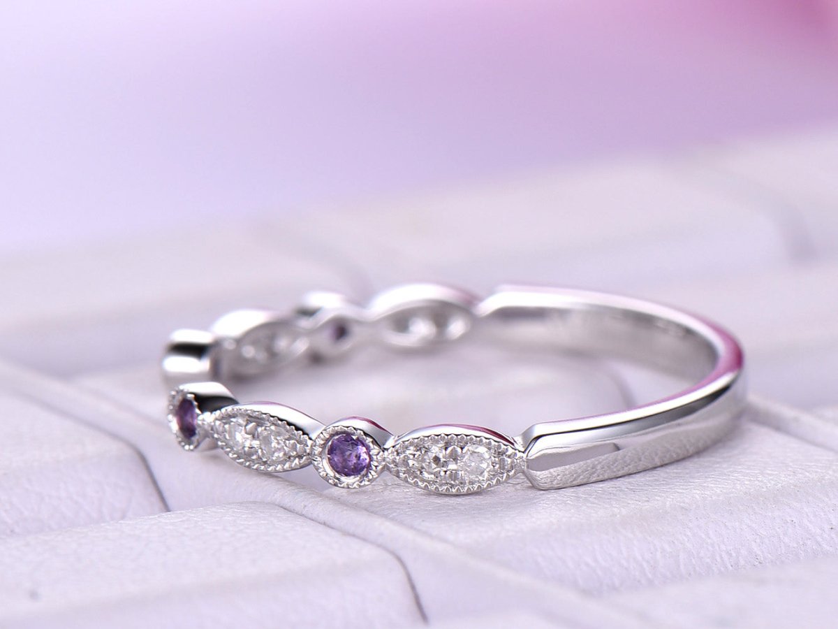 Art Deco Open Ring Amethyst Diamond February Birthstone Band - Lord of Gem Rings