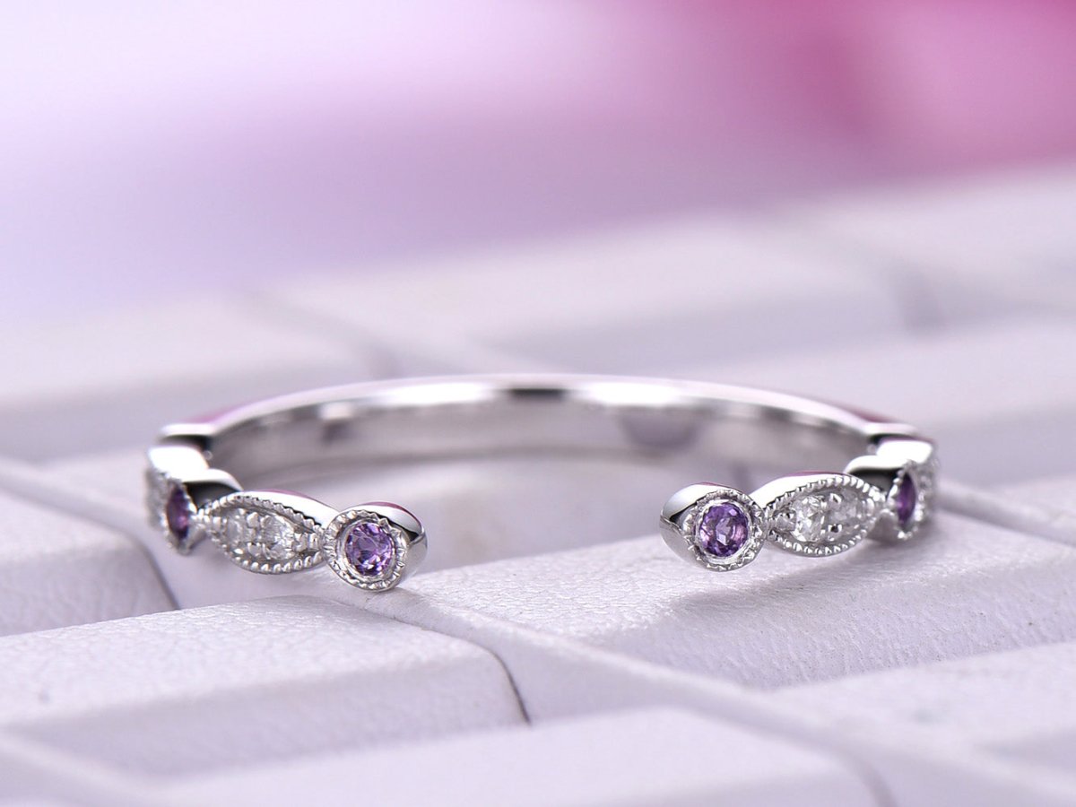 Art Deco Open Ring Amethyst Diamond February Birthstone Band - Lord of Gem Rings