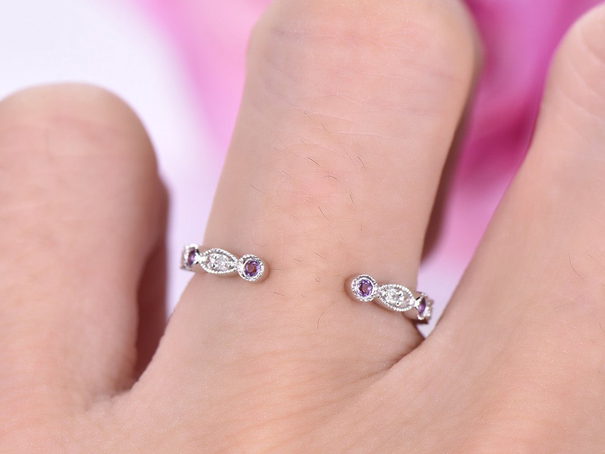 Art Deco Open Ring Amethyst Diamond February Birthstone Band - Lord of Gem Rings