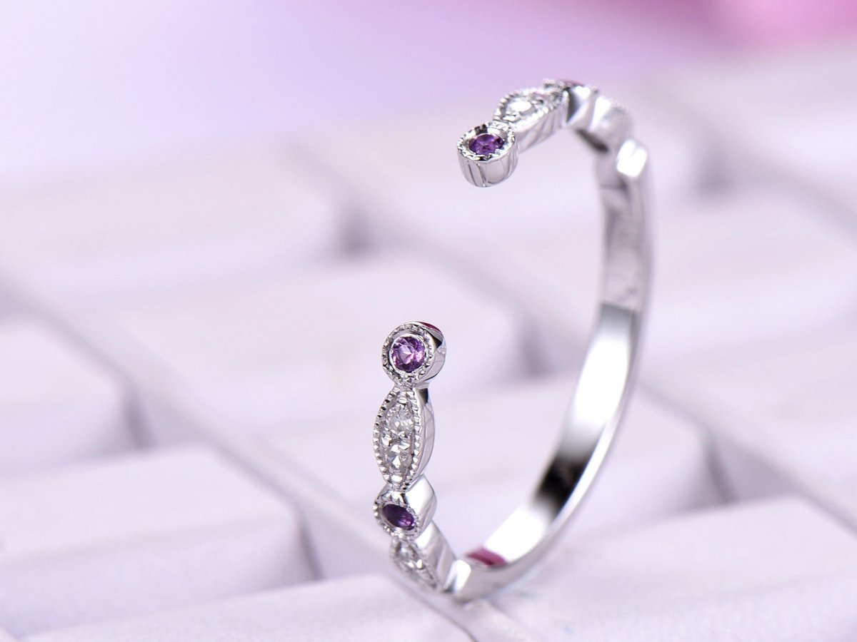 Art Deco Open Ring Amethyst Diamond February Birthstone Band - Lord of Gem Rings