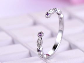 Art Deco Open Ring Amethyst Diamond February Birthstone Band - Lord of Gem Rings