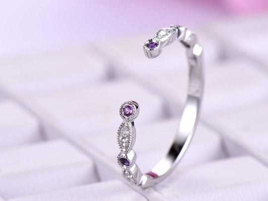 Art Deco Open Ring Amethyst Diamond February Birthstone Band