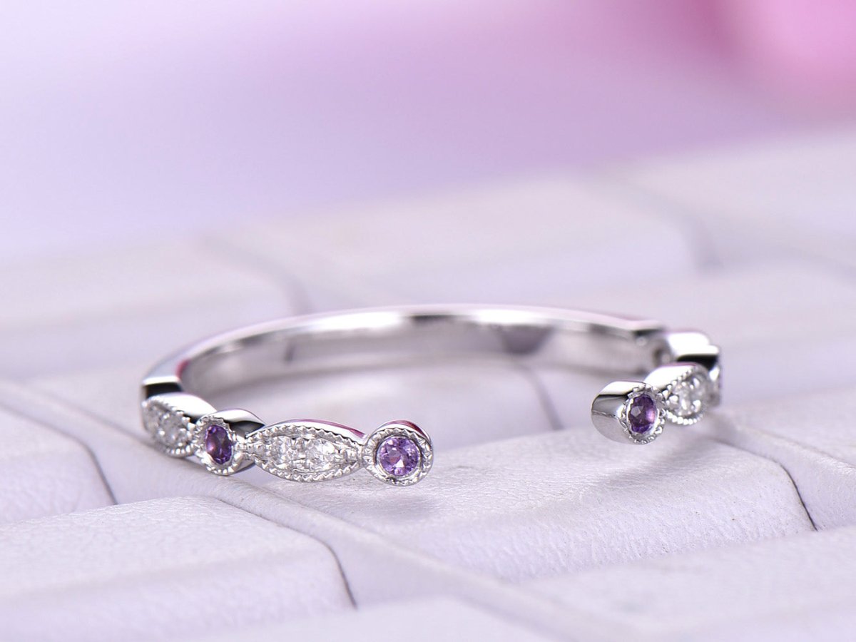 Art Deco Open Ring Amethyst Diamond February Birthstone Band - Lord of Gem Rings