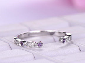 Art Deco Open Ring Amethyst Diamond February Birthstone Band - Lord of Gem Rings