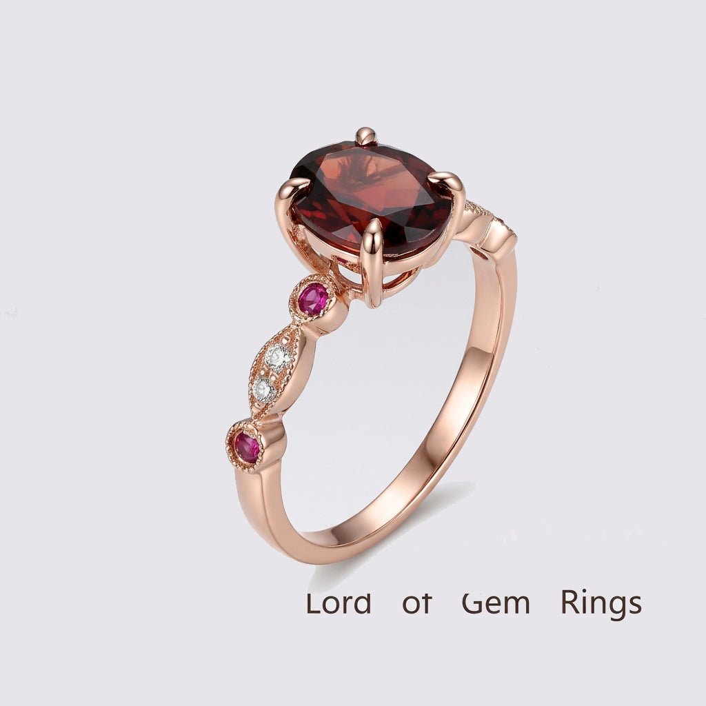 Art Deco Oval Garnet Engagement Ring with Diamond Ruby Accents - Lord of Gem Rings