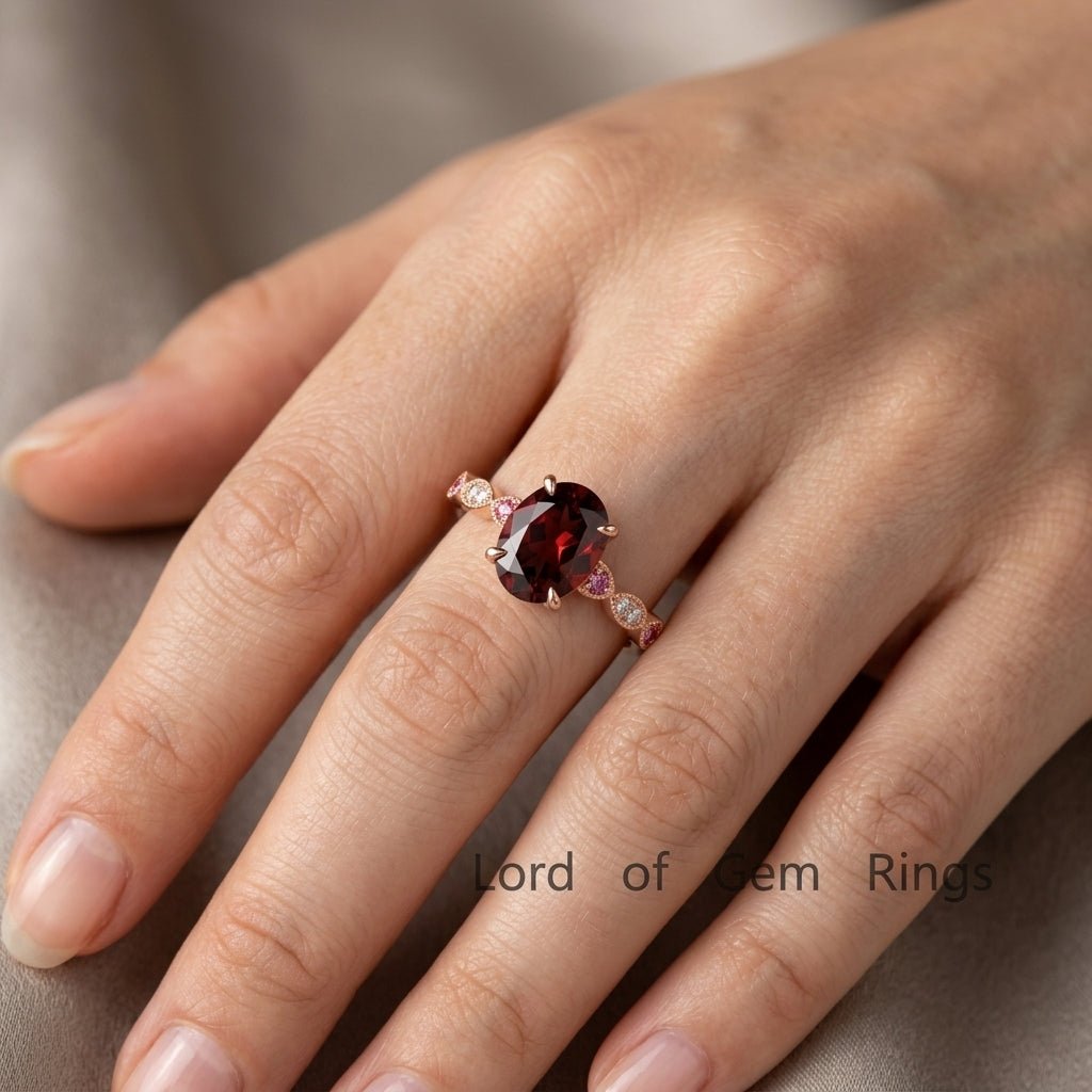 Art Deco Oval Garnet Engagement Ring with Diamond Ruby Accents - Lord of Gem Rings