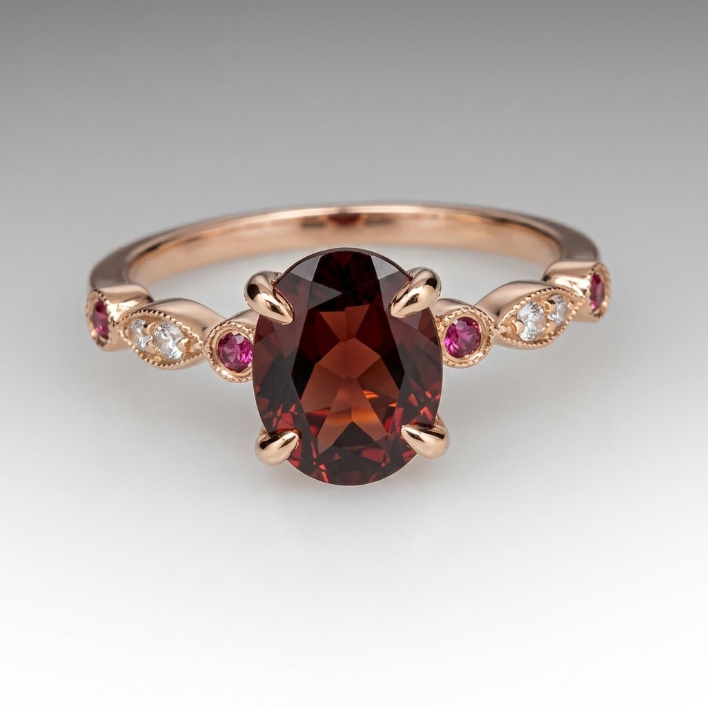 Art Deco Oval Garnet Engagement Ring with Diamond Ruby Accents - Lord of Gem Rings