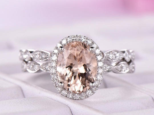 2.3ct Art Deco Oval Morganite Bridal Set Open End 14K Gold