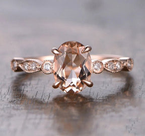 Art Deco Oval Morganite Engagement Ring Diamond Accents 14K Rose Gold - Lord of Gem Rings