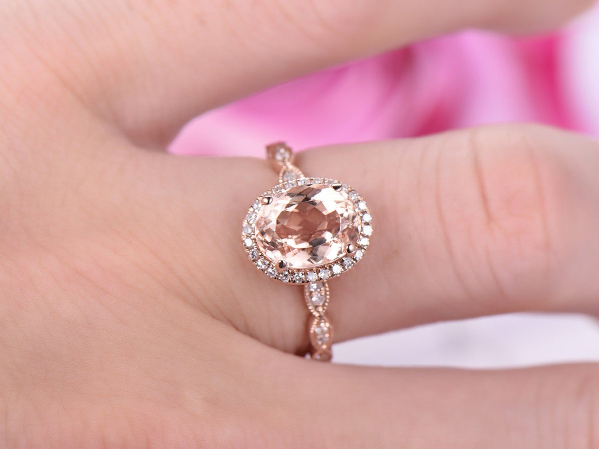 Art Deco Oval Morganite Ring Diamond Halo Hidden Accents - Lord of Gem Rings