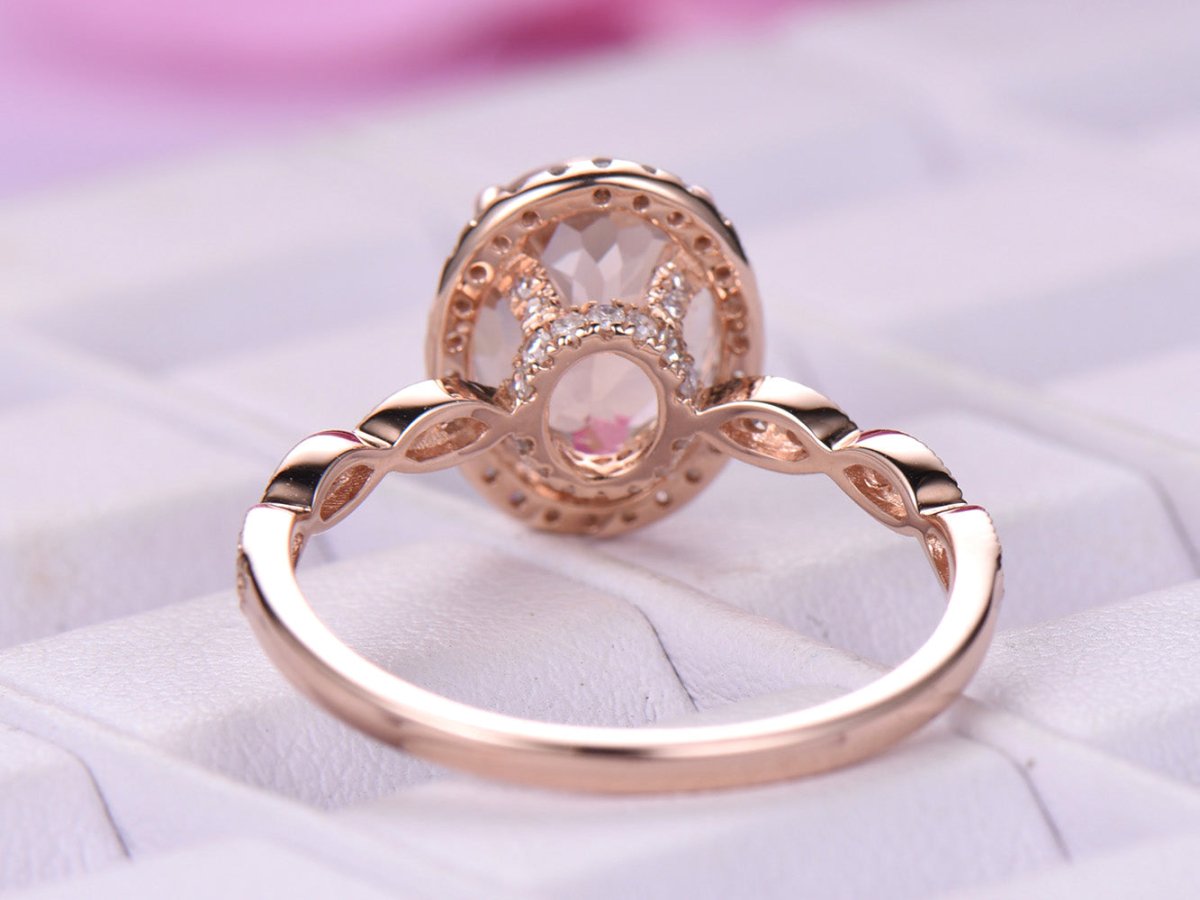 Art Deco Oval Morganite Ring Diamond Halo Hidden Accents - Lord of Gem Rings