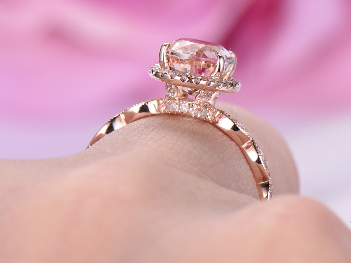 Art Deco Oval Morganite Ring Diamond Halo Hidden Accents - Lord of Gem Rings