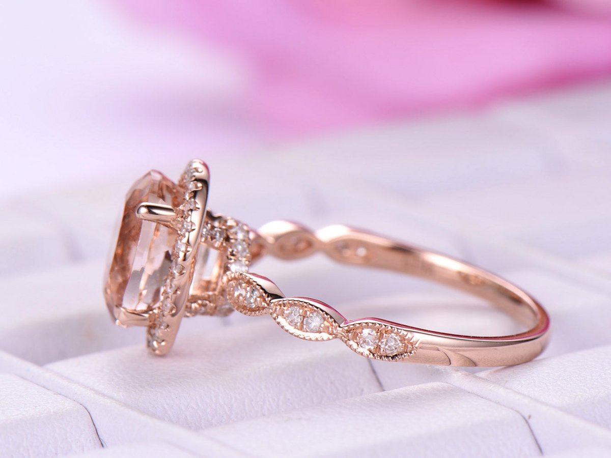 Art Deco Oval Morganite Ring Diamond Halo Hidden Accents - Lord of Gem Rings