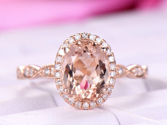 2.3ct Art Deco Oval Morganite Ring Diamond Halo Hidden Accents