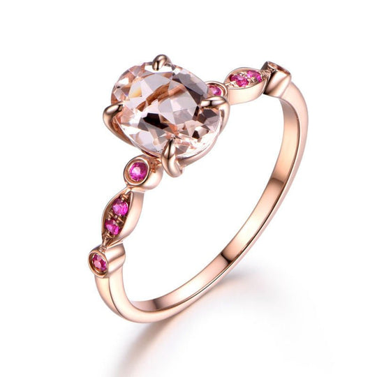 Art Deco Oval Morganite Ring Ruby Accents 14K Rose Gold