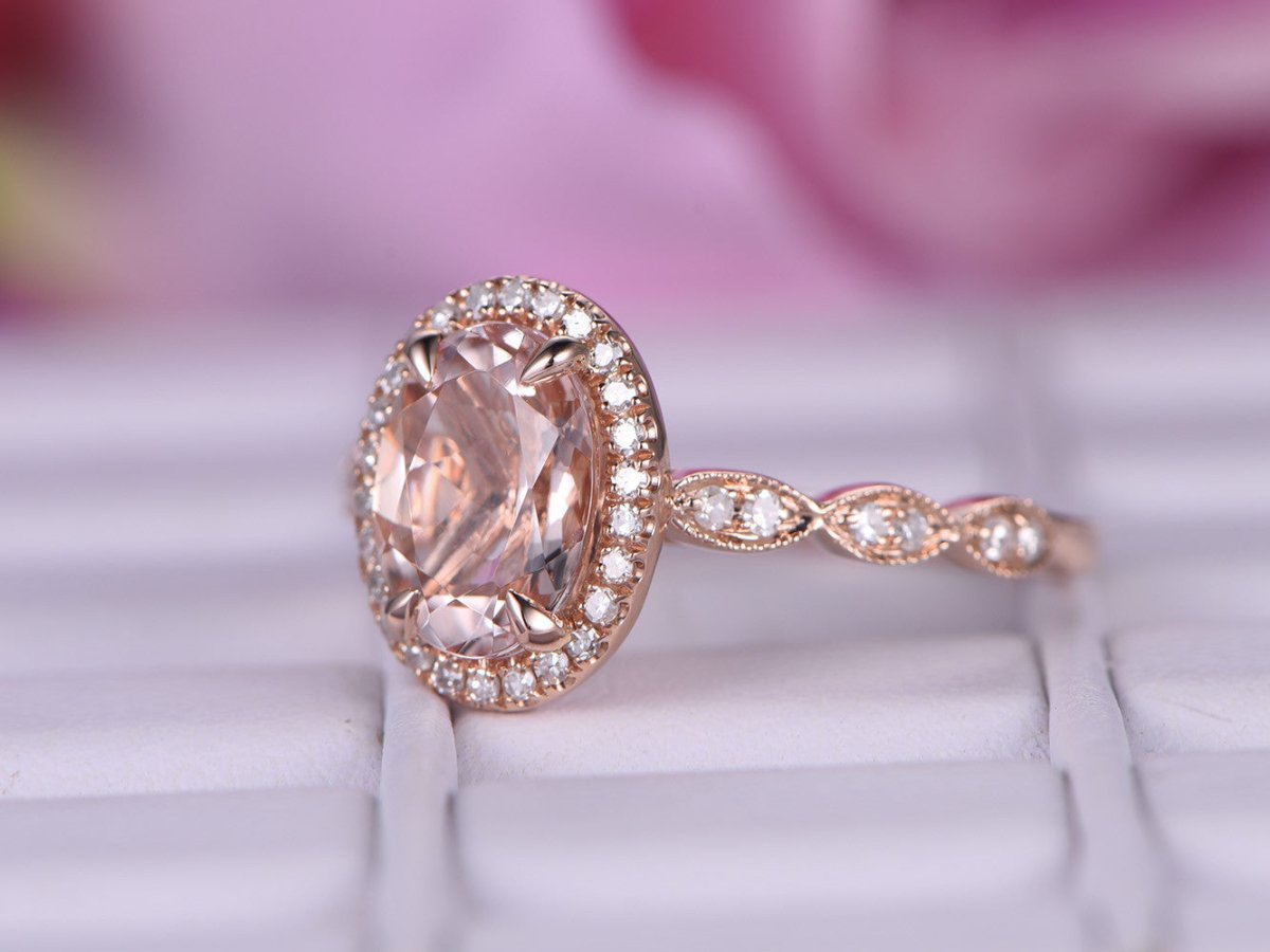 Art Deco Oval Morganite Ring with Accents Diamond Halo - Lord of Gem Rings