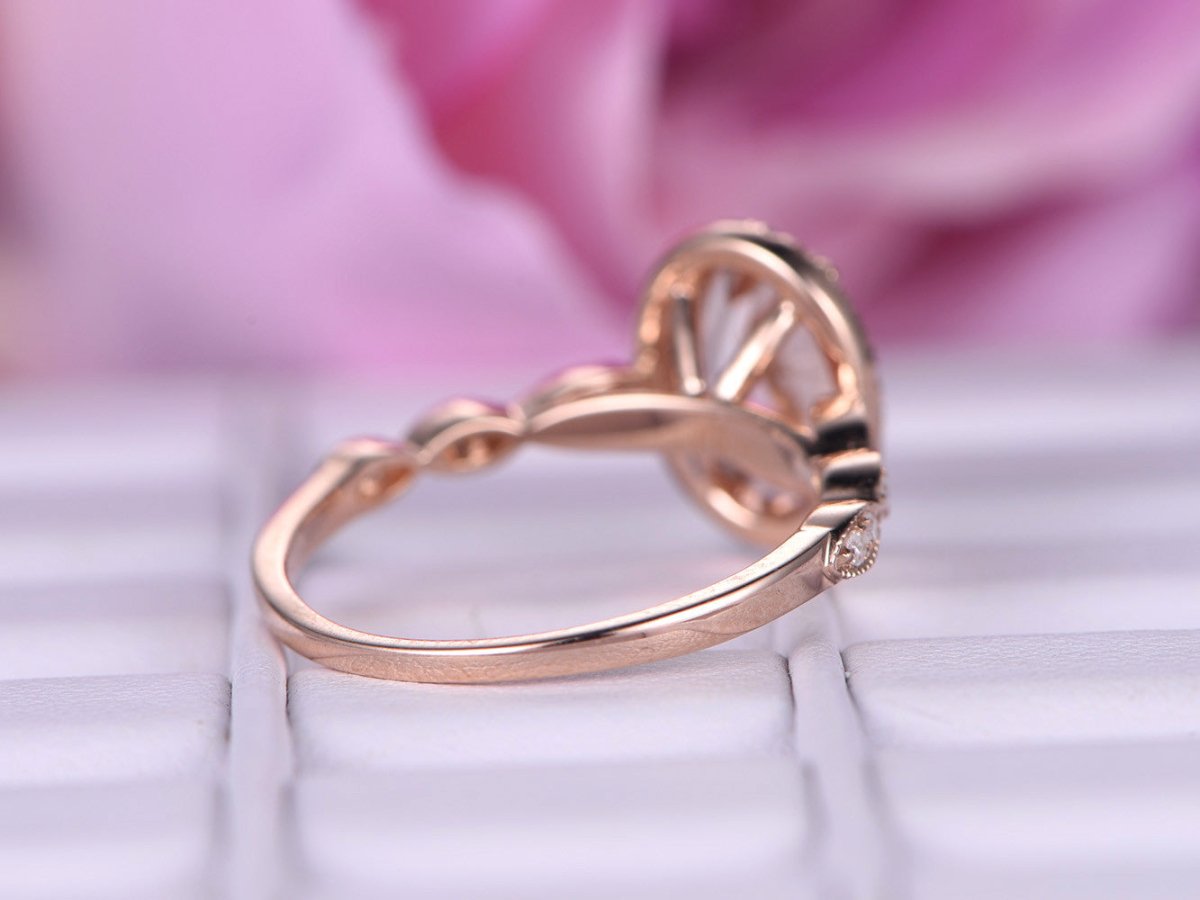 Art Deco Oval Morganite Ring with Accents Diamond Halo - Lord of Gem Rings