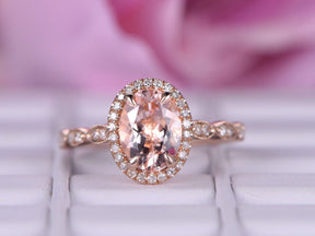 Art Deco Oval Morganite Ring with Accents Diamond Halo - Lord of Gem Rings