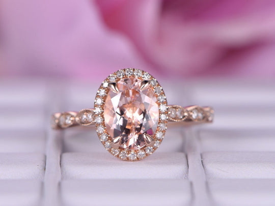 Art Deco Oval Morganite Ring with Accents Diamond Halo