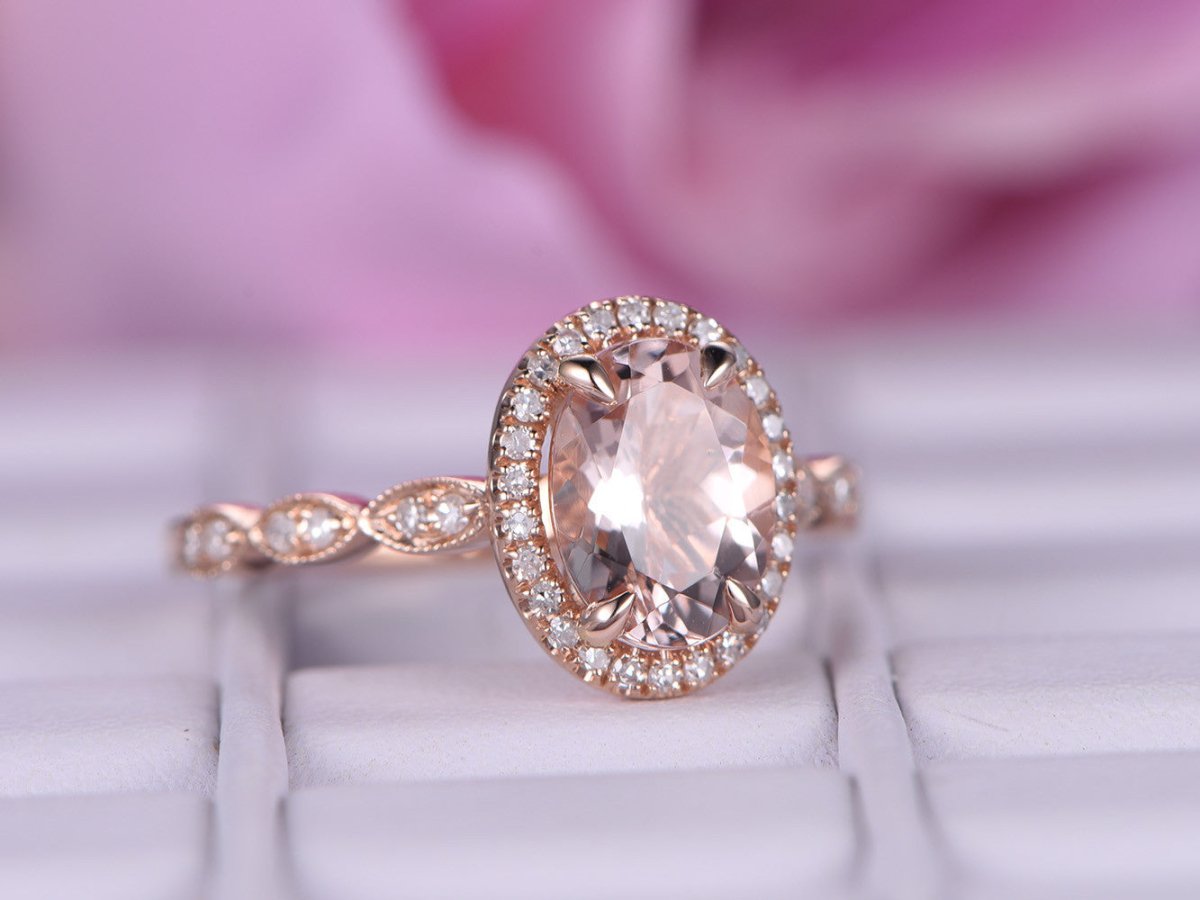 Art Deco Oval Morganite Ring with Accents Diamond Halo - Lord of Gem Rings