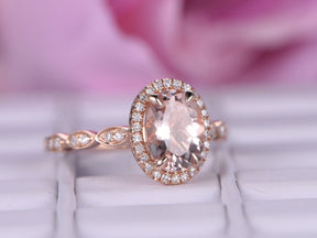 Art Deco Oval Morganite Ring with Accents Diamond Halo - Lord of Gem Rings