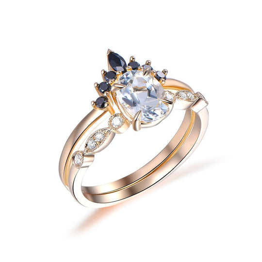 Art Deco Oval White Topaz Black Diamond Tiara Bridal Set 14K Yellow Gold