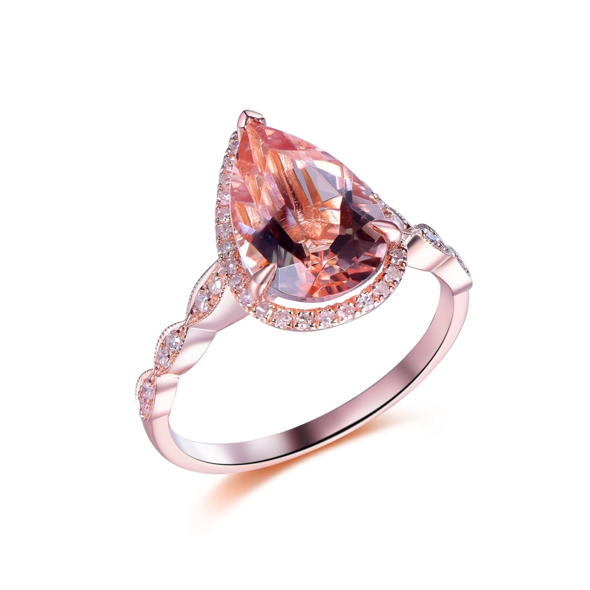Art Deco Pear Morganite Ring Diamond Accents 14K Gold - Lord of Gem Rings