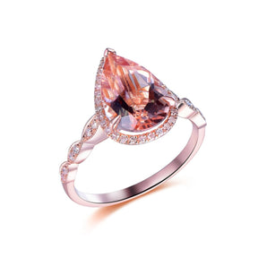Art Deco Pear Morganite Ring Diamond Accents 14K Gold - Lord of Gem Rings