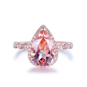 Art Deco Pear Morganite Ring Diamond Accents 14K Gold - Lord of Gem Rings