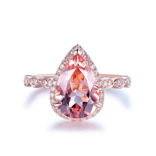 Art Deco Pear Morganite Ring Diamond Accents 14K Gold