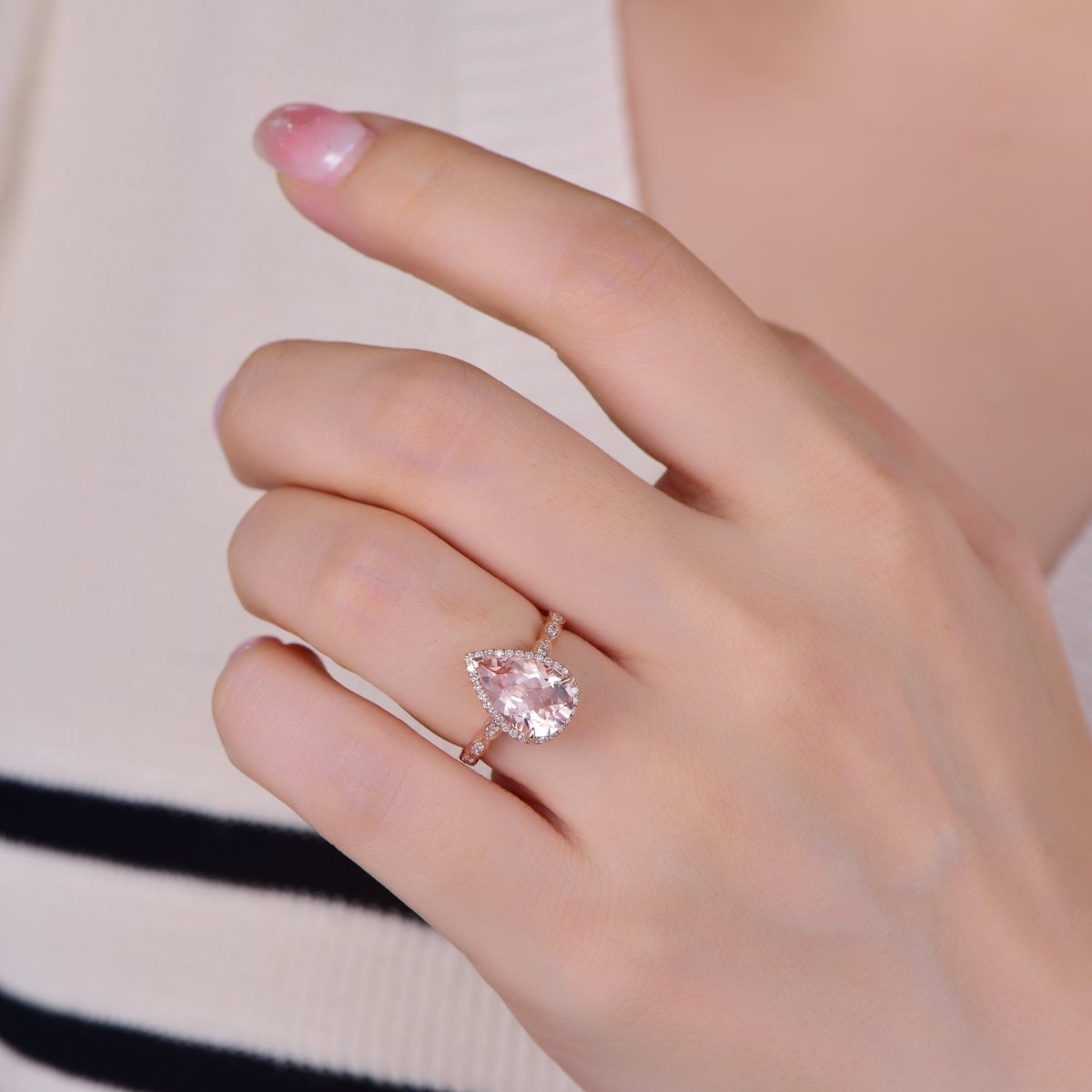 Art Deco Pear Morganite Ring Diamond Accents 14K Gold - Lord of Gem Rings