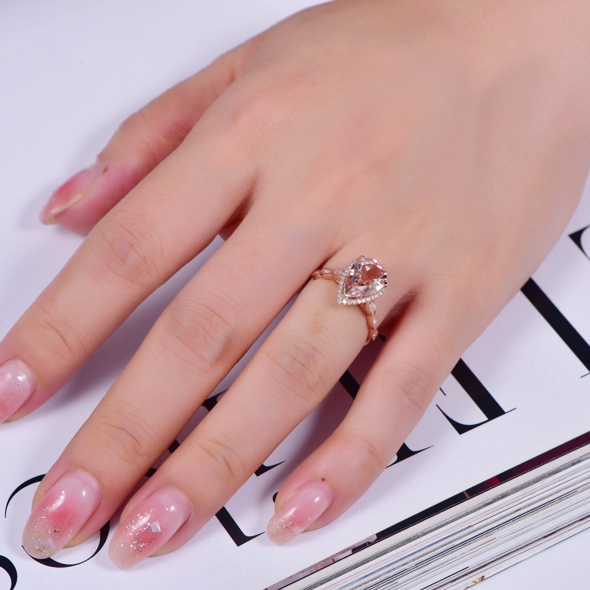 Art Deco Pear Morganite Ring Diamond Accents 14K Gold - Lord of Gem Rings