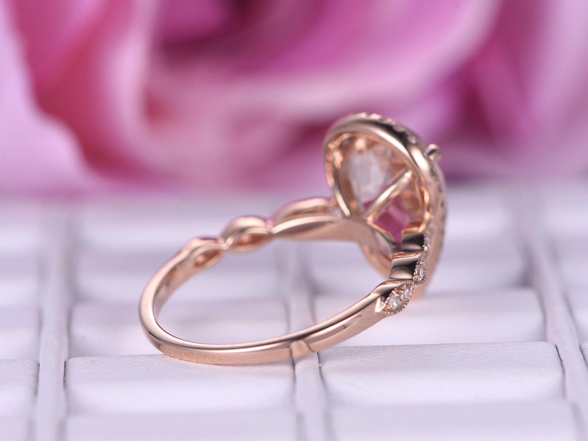 Art Deco Pear Morganite Ring Diamond Accents 14K Rose Gold - Lord of Gem Rings