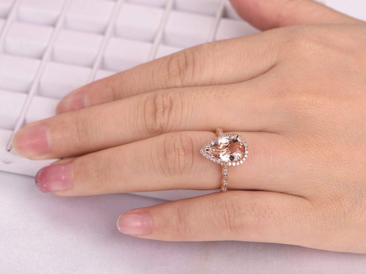 Art Deco Pear Morganite Ring Diamond Accents 14K Rose Gold - Lord of Gem Rings