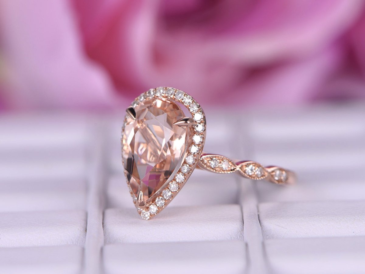 Art Deco Pear Morganite Ring Diamond Accents 14K Rose Gold - Lord of Gem Rings