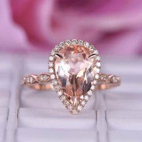 Art Deco Pear Morganite Ring Diamond Accents 14K Rose Gold - Lord of Gem Rings