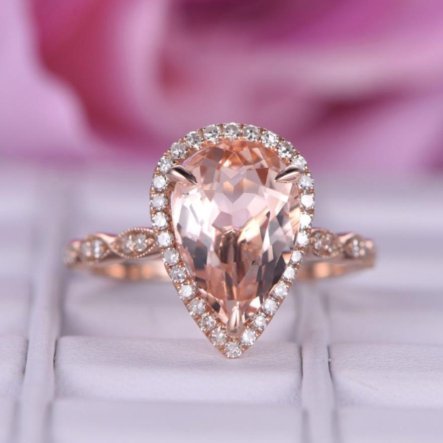 Art Deco Pear Morganite Ring Diamond Accents 14K Rose Gold - Lord of Gem Rings