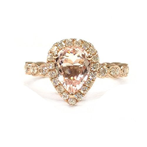 Art Deco Pear Morganite Ring with Moissanite Eternity Shank - Lord of Gem Rings