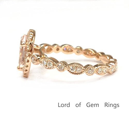 Art Deco Pear Morganite Ring with Moissanite Eternity Shank - Lord of Gem Rings