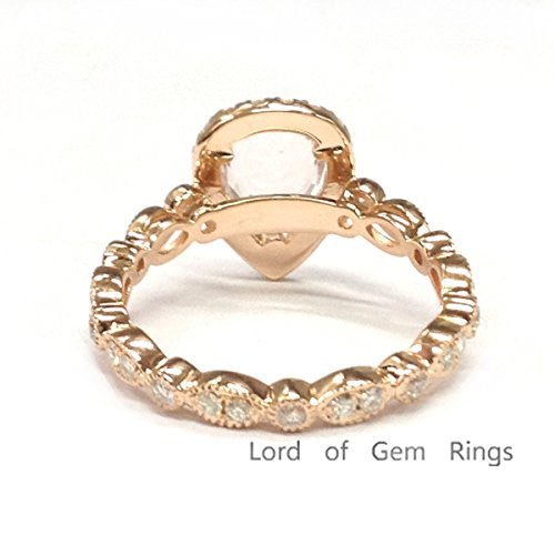 Art Deco Pear Morganite Ring with Moissanite Eternity Shank - Lord of Gem Rings