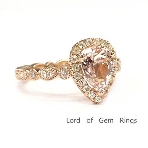 Art Deco Pear Morganite Ring with Moissanite Eternity Shank - Lord of Gem Rings