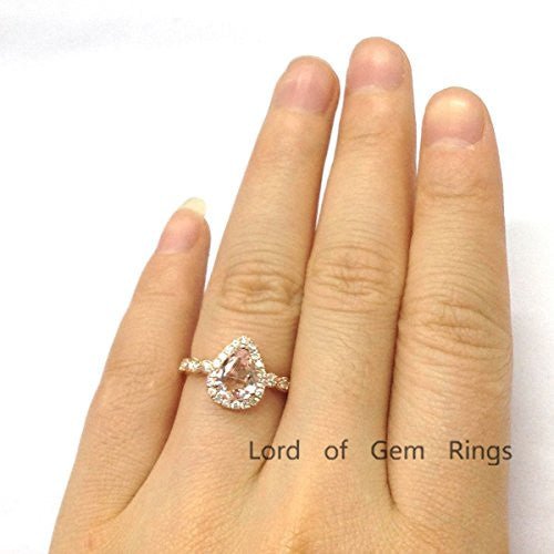 Art Deco Pear Morganite Ring with Moissanite Eternity Shank - Lord of Gem Rings