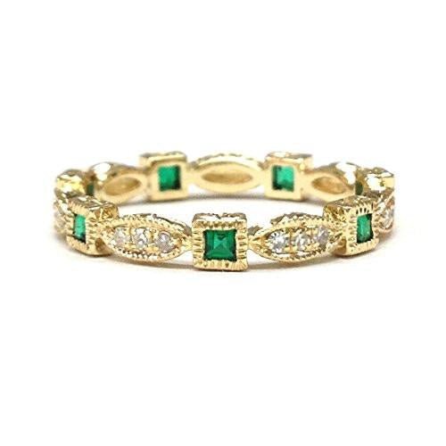 Art Deco Princess Emerald Diamond May Birthstone Band with Milgrain
