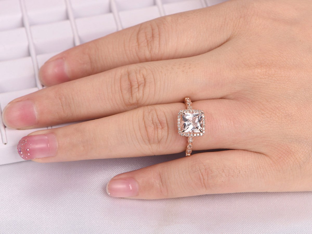 Art Deco Princess Morganite Diamond Accents Halo 14K Rose Gold - Lord of Gem Rings