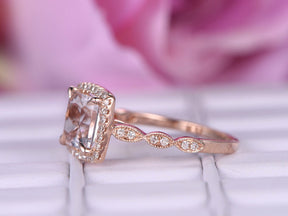 Art Deco Princess Morganite Diamond Accents Halo 14K Rose Gold - Lord of Gem Rings