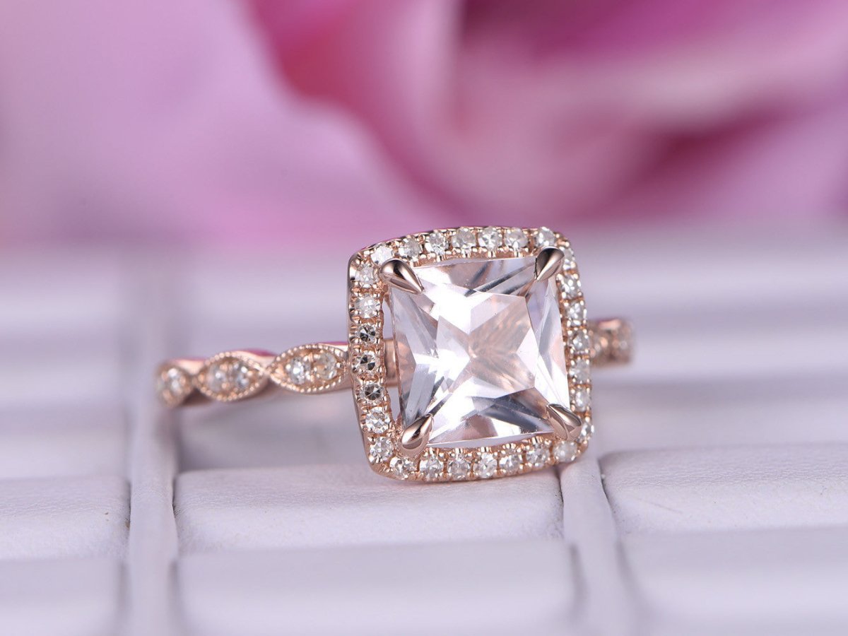 Art Deco Princess Morganite Diamond Accents Halo 14K Rose Gold - Lord of Gem Rings