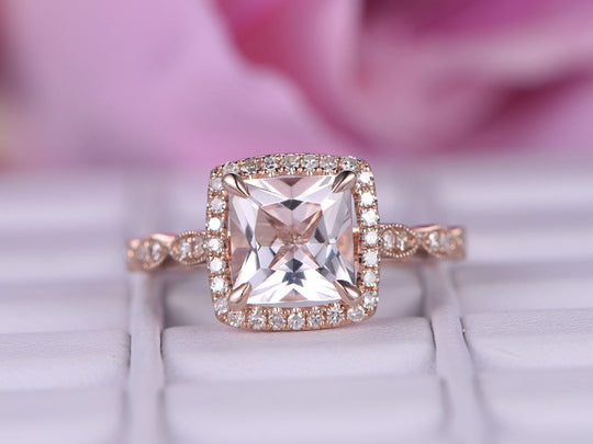 Art Deco Princess Morganite Diamond Accents Halo 14K Rose Gold