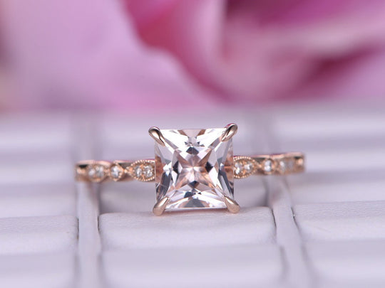 Art Deco Princess Morganite Diamond Ring 14K Rose Gold
