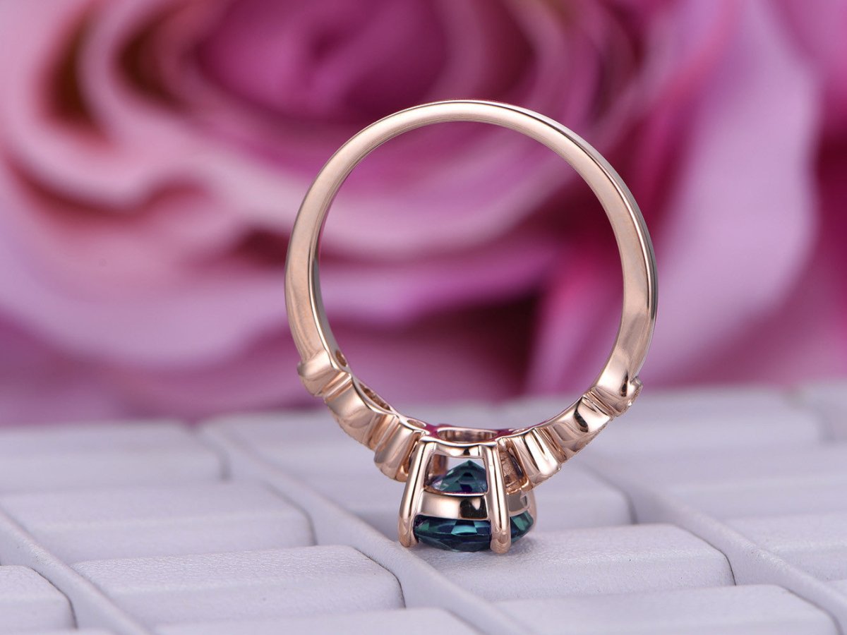 Art Deco Round Alexandrite Diamond Engagement Ring 14K Rose Gold - Lord of Gem Rings
